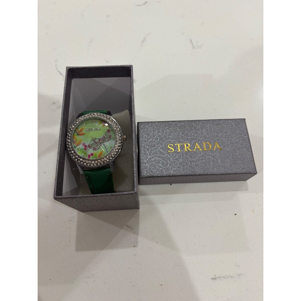Strada Womens Green Dragonfly Floral Rhinestone Bezel Watch with Box 2145756
